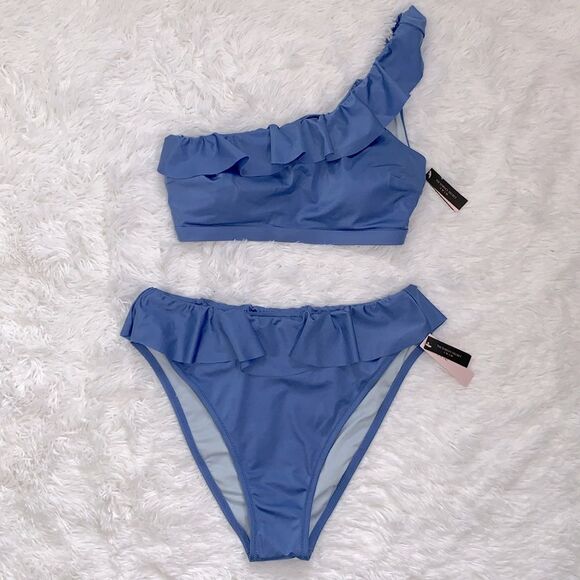 NWT Victoria’s Secret Swim 2 Piece Blue Ruffle One Shoulder Bikini Sz L/XL - Picture 3 of 14